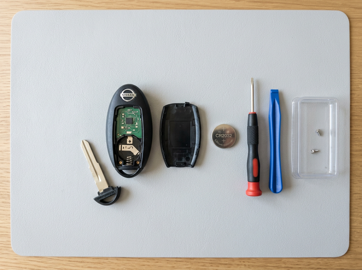 Nissan key fob battery replacement process with tools and key fob on a table