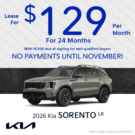 2026 Kia Sorento LX Lease for $129 per month for 24 months with $6,500 due at signing for well qualified buyers
