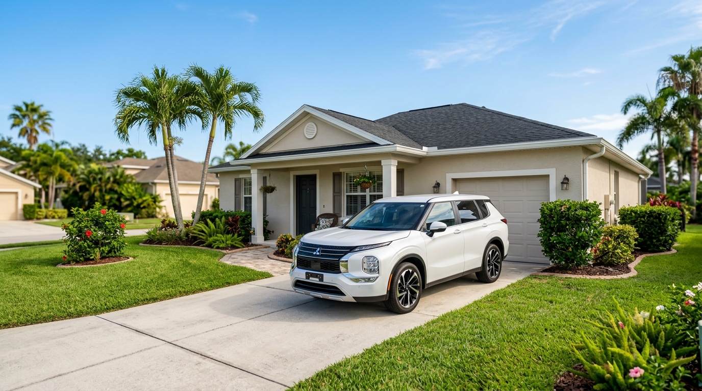 A white Mitsubishi Outlander SUV parked in the concrete driveway of a modern single-story suburban home with palm trees. (Representative image for illustration purposes only. Actual vehicle may vary based on trim and configuration.)