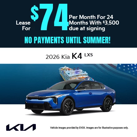 2026 Kia K4 LXS Lease for $74 per month with $3,500 due at signing
