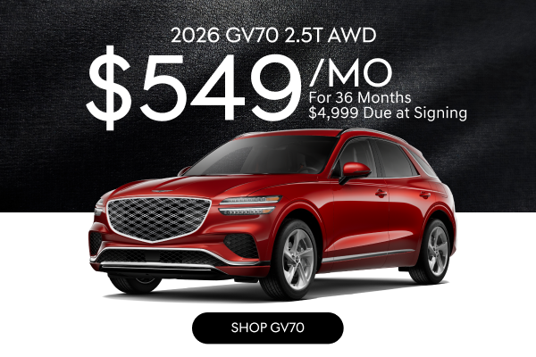 2026 Genesis GV70 2.5T AWD in red with lease offer of $549 per month for 36 months and $4,999 due at signing.