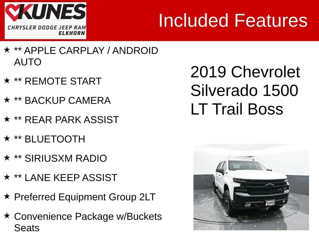 Used 2019 Chevrolet Silverado 1500 LT Trail Boss with VIN 3GCPYFED1KG134956 for sale in Elkhorn, WI