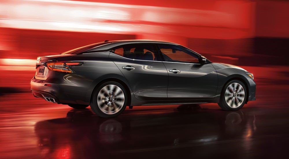 A grey 2023 Nissan Maxima is shown from the side.