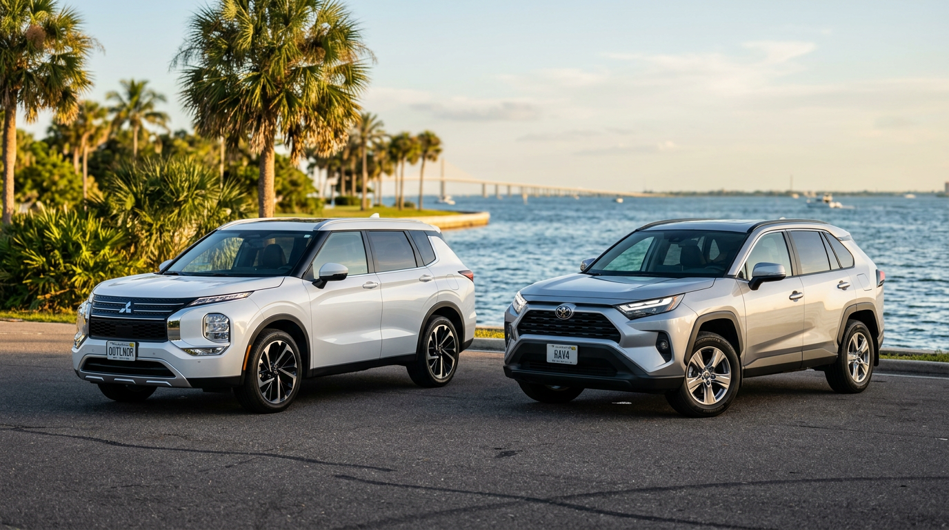 White Mitsubishi Outlander and silver Toyota RAV4 parked side-by-side on a coastal road during sunset.