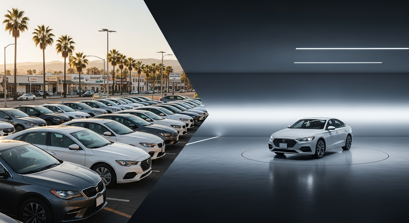 Modern car shopping in Van Nuys, CA with sleek vehicles and city background