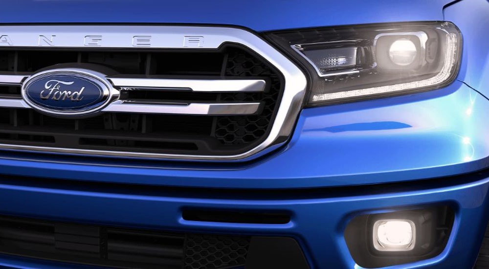 Headlight of a blue 2021 Ford Ranger