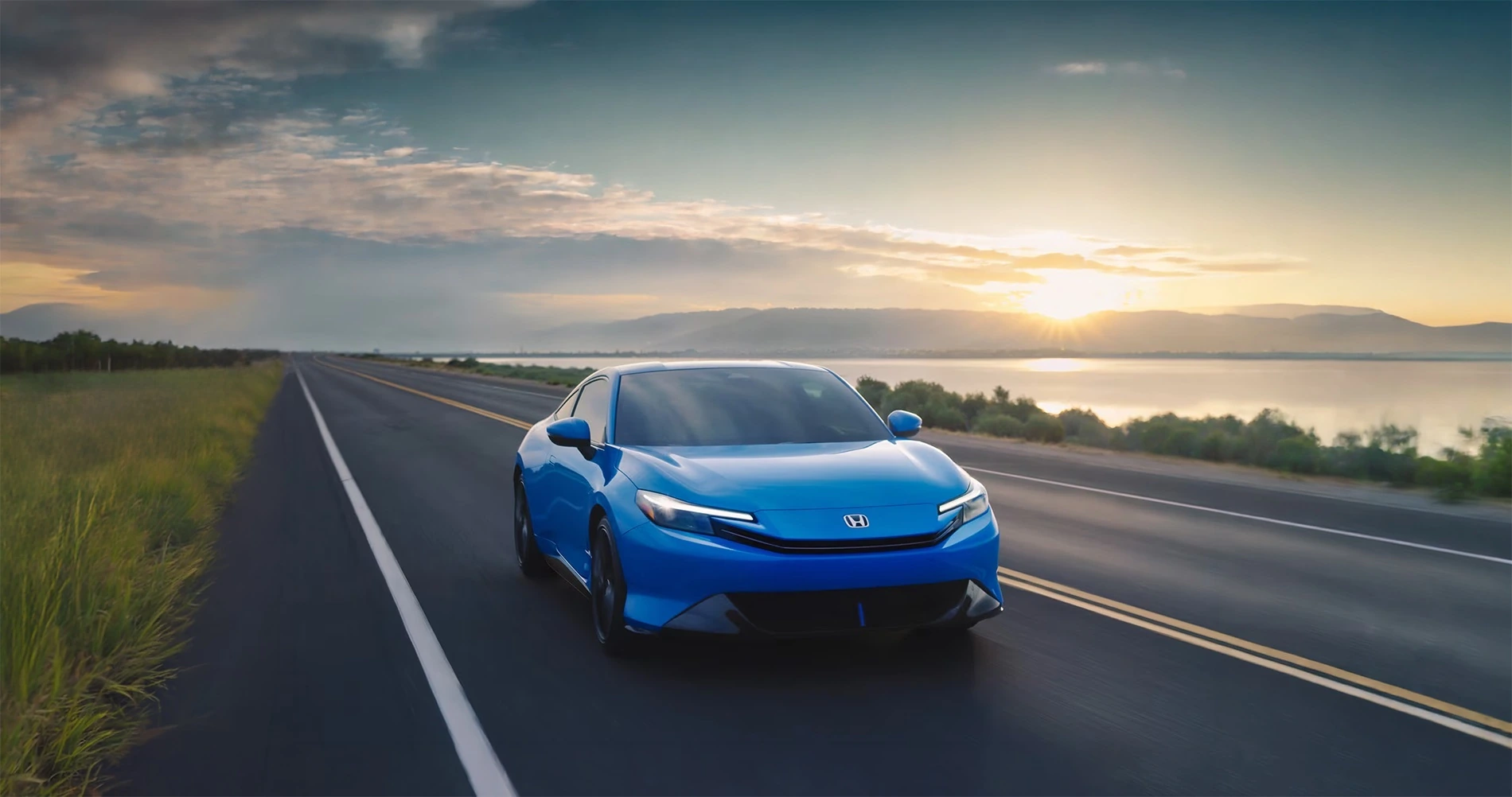 Blue Honda Prelude sport coupe driving along a scenic highway at sunset near Tracy, California