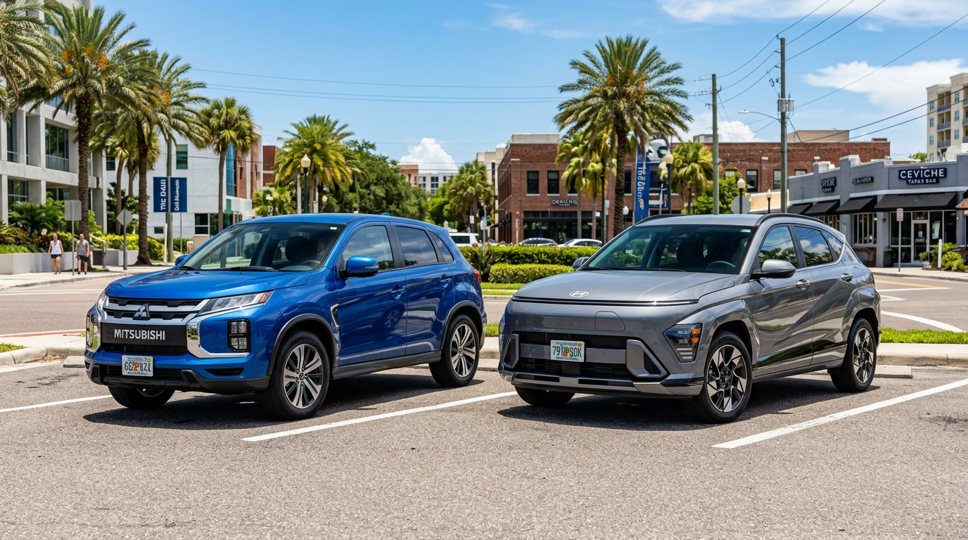 A blue Mitsubishi Outlander Sport and a grey Hyundai Kona parked side-by-side in a sunny lot.