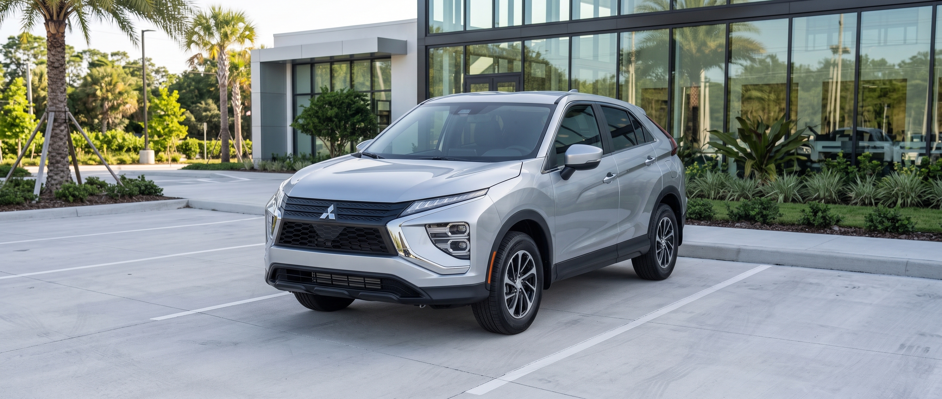 Silver Mitsubishi Eclipse Cross SUV parked in a parking lot outside a modern glass building.