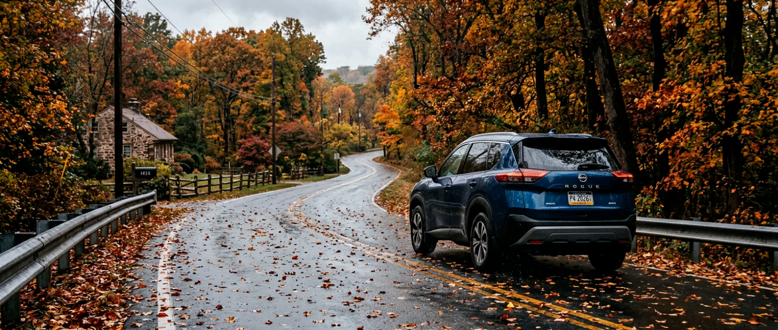 2026 Nissan Rogue driving on wet leaf-covered road near the Pennsylvania Turnpike in Bucks County in autumn