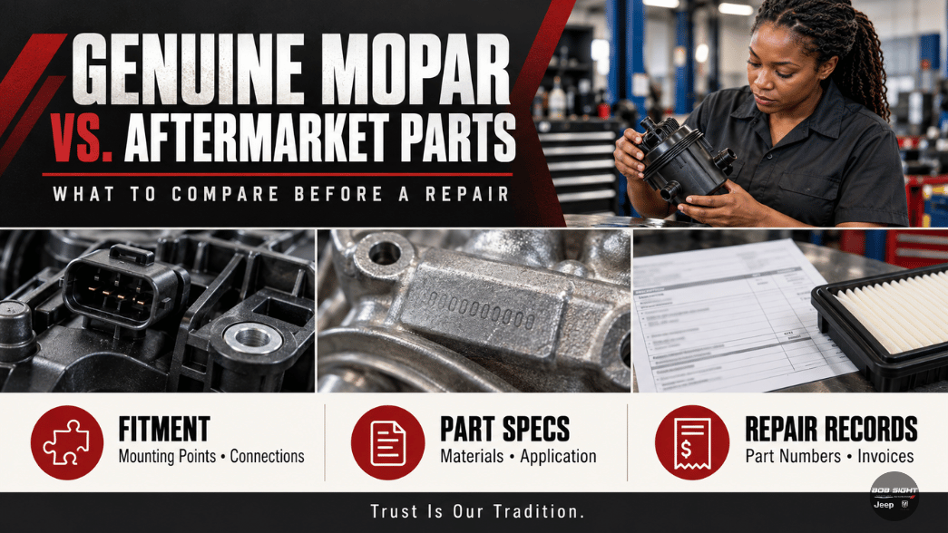 Genuine Mopar vs. aftermarket replacement parts comparison graphic about fitment and specifications for Lawrence, KS drivers