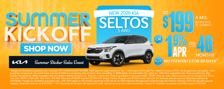NEW 2026 Kia Seltos S AWD	"LEASE FOR $199/MO with $3,999 due at signing* OR 1.9% APR for 48 months** PLUS, NO PAYMENTS FOR 90 DAYS***"