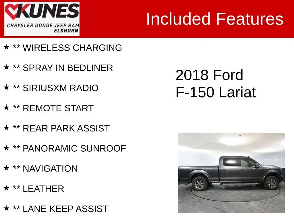 Used 2018 Ford F-150 Lariat with VIN 1FTFW1E57JFB14465 for sale in Elkhorn, WI