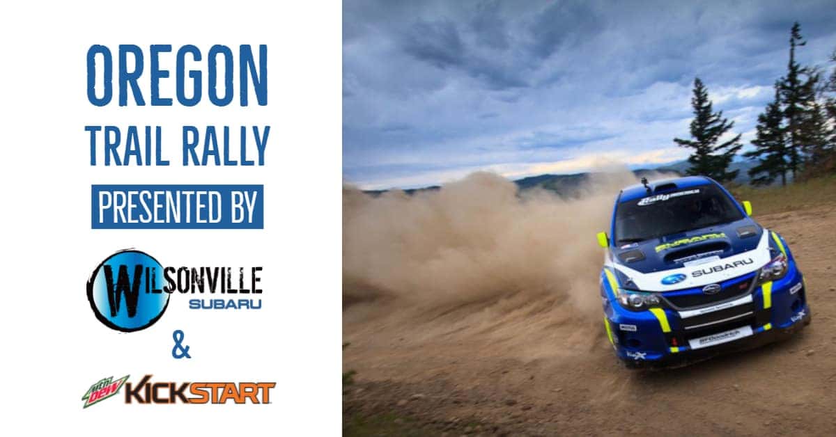 Oregon Trail Rally presented by Wilsonville Subaru and Kickstart, with a rally car on a dirt stage