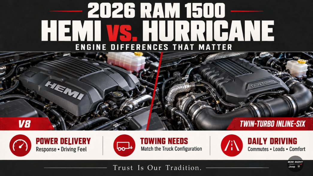 2026 Ram 1500 HEMI vs. Hurricane engine comparison graphic for truck buyers at Bob Sight Chrysler Dodge Jeep Ram in Lawrence, KS