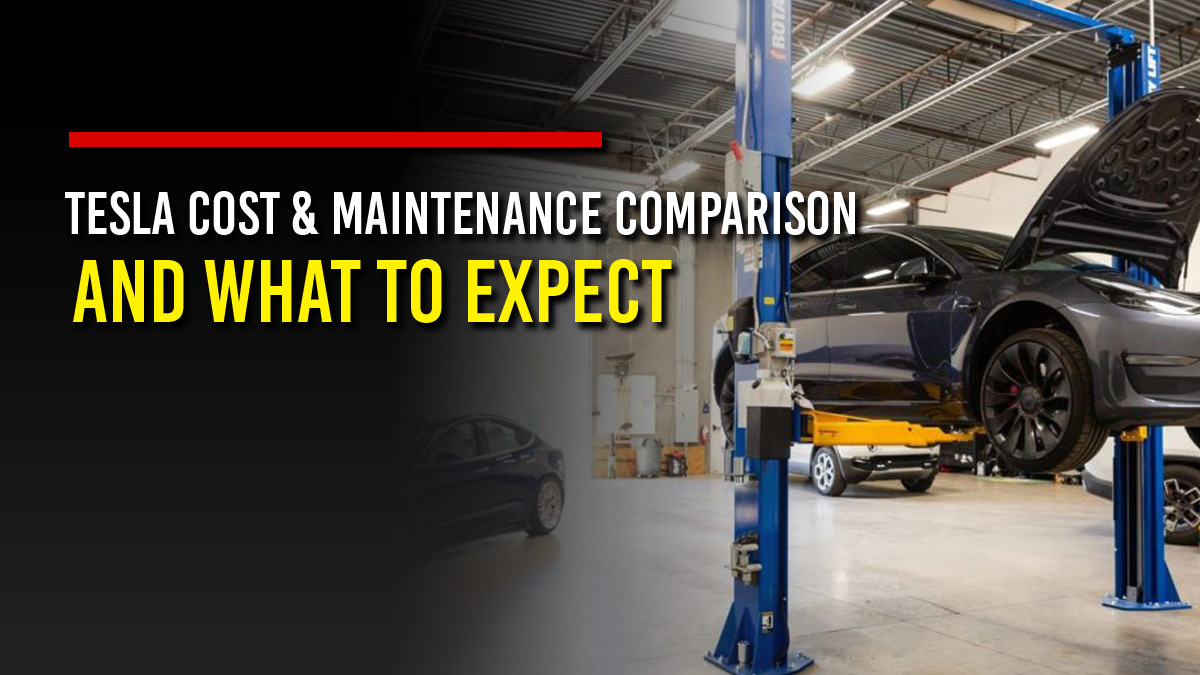 Gray Tesla Model 3 raised on a two-post lift with its front trunk open in a clean auto service garage, next to the headline “Tesla Cost & Maintenance Comparison and What to Expect