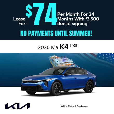 2026 Kia K4 LXS Lease for $74 per month with $3,500 due at signing