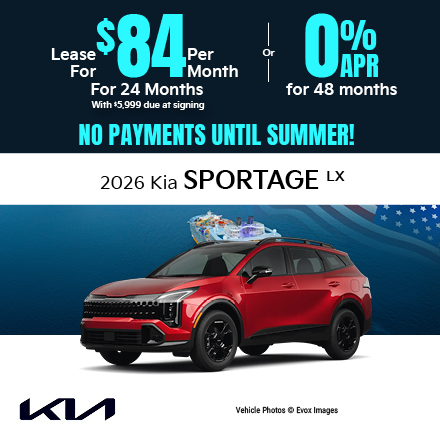 2026 Kia Sportage LX Lease for $84 per month with $5,999 due at signing Or 0.0% APR for 48 months