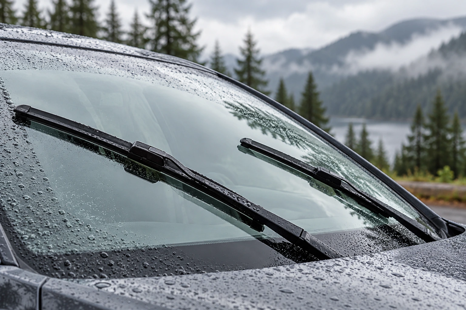 Windshield wiper blades clearing rain