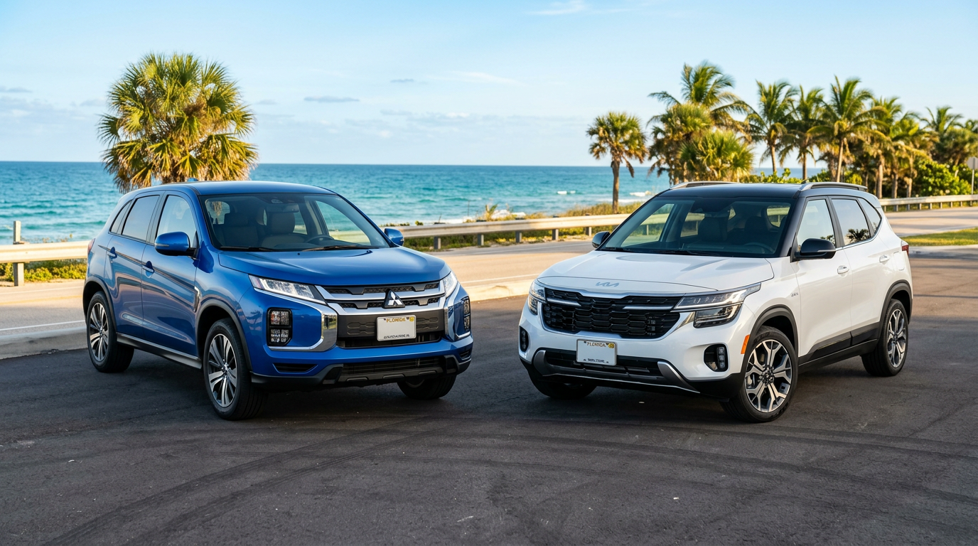 A blue Mitsubishi SUV and a white Kia Seltos parked side-by-side on a coastal road next to the ocean. (Representative image for illustration purposes only. Actual vehicle may vary based on trim and configuration.)