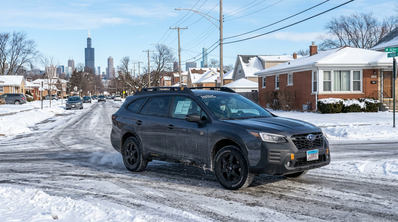 Snowy Chicago roadway with cars driving carefully in winter conditions
