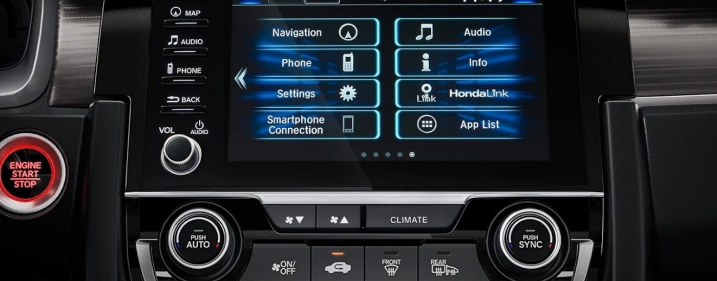 Close-up shows the infotainment screen and applications on a 2021 Honda Civic
