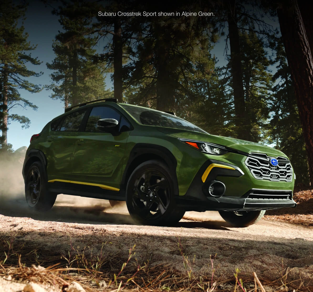 Alpine Green Subaru Crosstrek Sport driving on a dirt trail through a dense forest of tall pine trees.