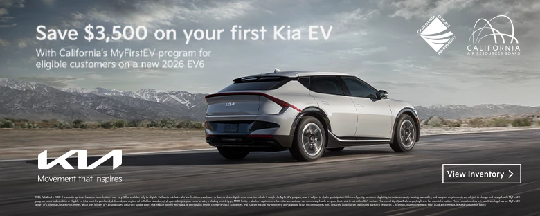 Save $3,500 on a new 2026 Kia EV6 through California's MyFirstEV program for eligible first-time EV buyers.