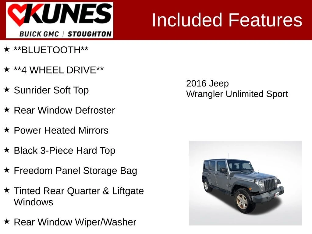 Used 2016 Jeep Wrangler Unlimited Sport S with VIN 1C4BJWDGXGL273326 for sale in Stoughton, WI