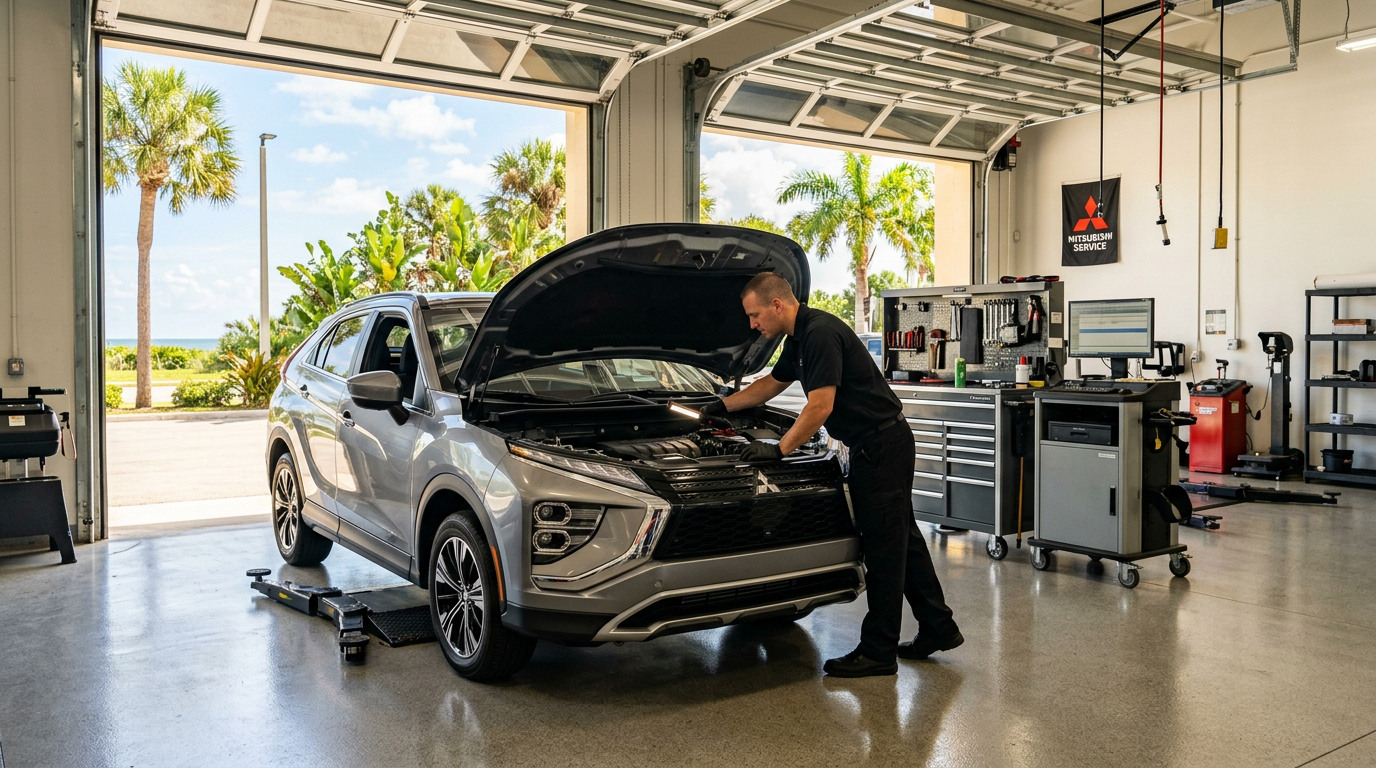A mechanic inspects the engine of a silver SUV inside a bright, modern auto repair shop with palm trees outside.