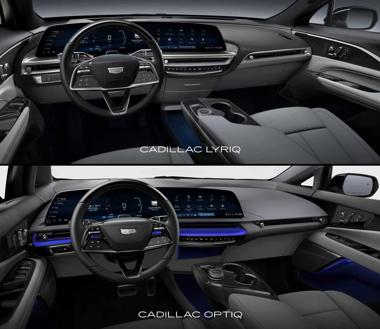 Interior comparison of the Cadillac LYRIQ and Cadillac OPTIQ, showing their steering wheels, digital displays, dashboards, and center consoles.