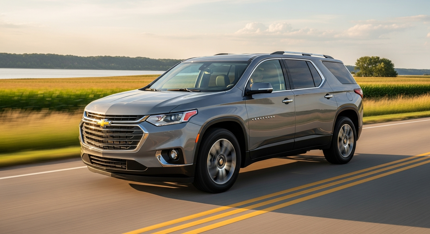 2026 Chevrolet Traverse SUV driving on a scenic Illinois roadway near Thomson