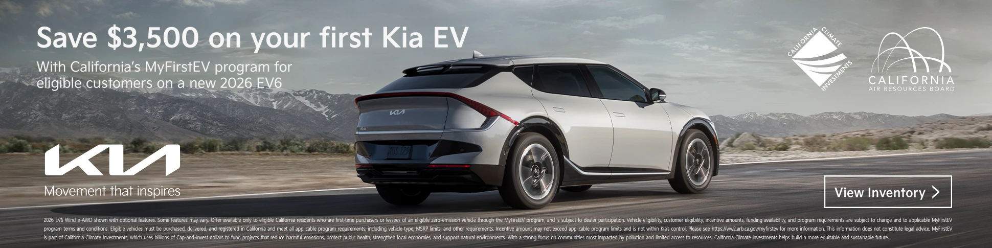 Save $3,500 on a new 2026 Kia EV6 through California's MyFirstEV program for eligible first-time EV buyers.
