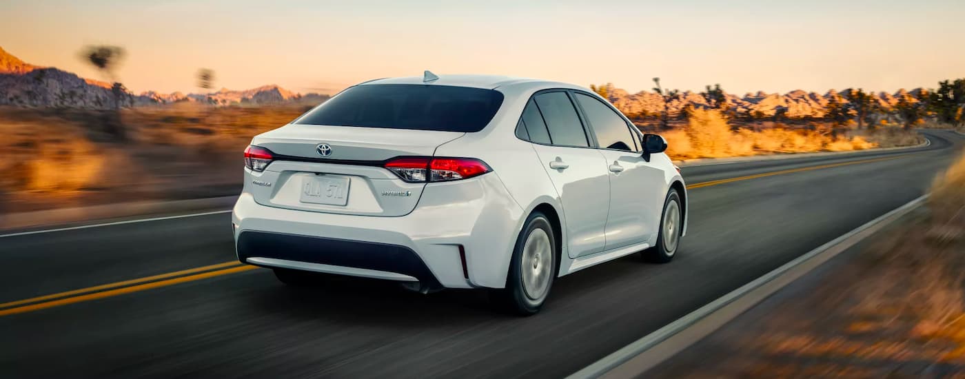 A white 2021 Toyota Corolla Hybrid LE, a popular used car for sale near Kayenta, is driving on an open road.