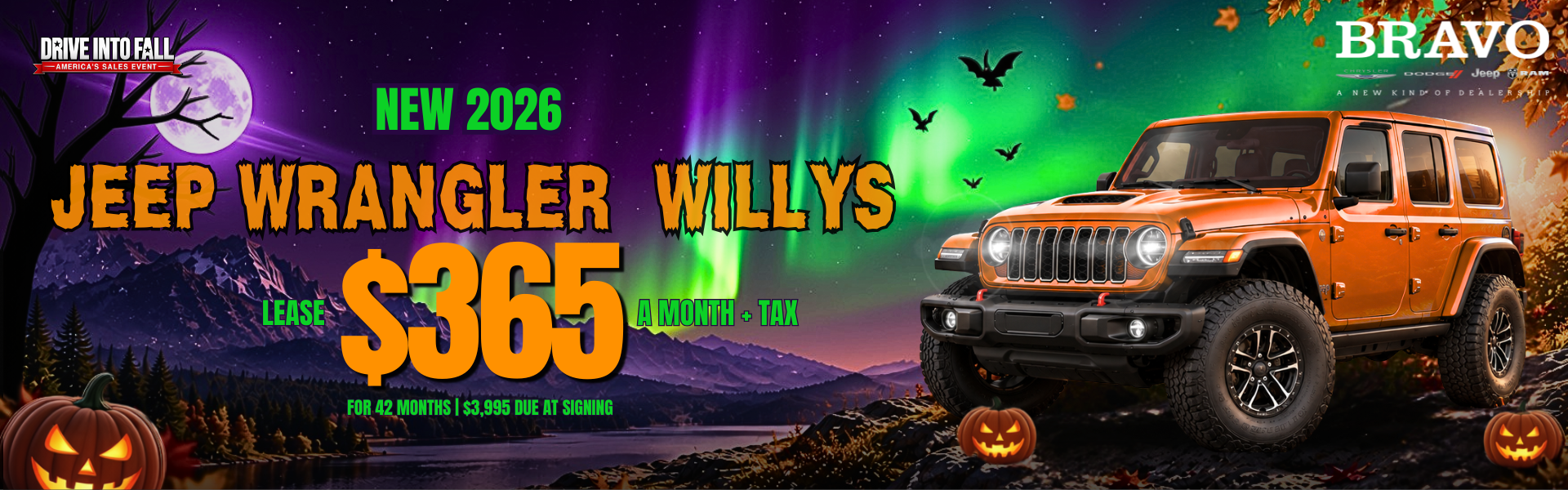 New 2026 Jeep Wrangler Willys: lease for $365 a month plus tax for 42 months, $3,995 due at signing