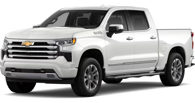 A 2025 White Silverado 1500 with High Country Trim options.