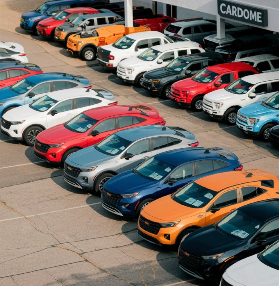 Aerial view of CarDome Auto Sales' vehicle inventory lot with rows of new cars and trucks in multiple colors