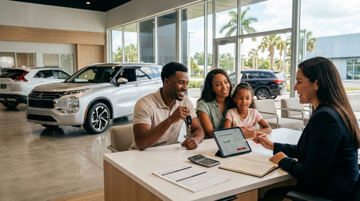 A happy family holding car keys and talking to a salesperson at a dealership desk with a silver SUV behind them. (Representative image for illustration purposes only. Actual vehicle may vary based on trim and configuration.)