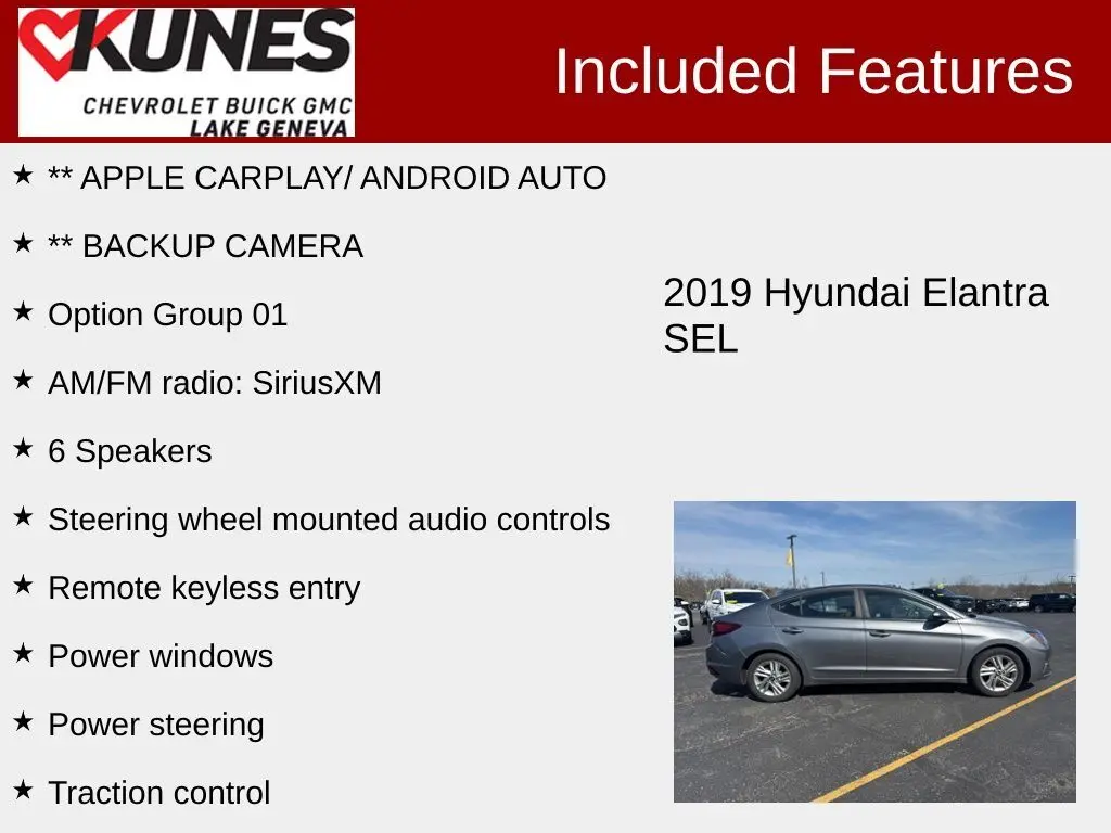 Used 2019 Hyundai Elantra SEL with VIN 5NPD84LF7KH427974 for sale in Lake Geneva, WI