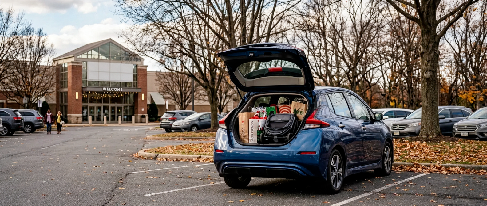 2026 Nissan LEAF with open liftgate loaded with holiday shopping bags at a Willow Grove area mall parking lot in fall