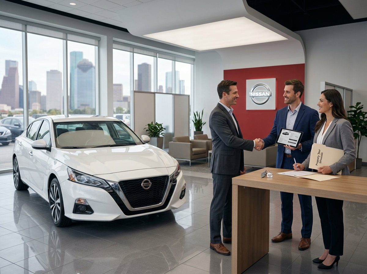 Nissan dealership with real estate professionals discussing car deals