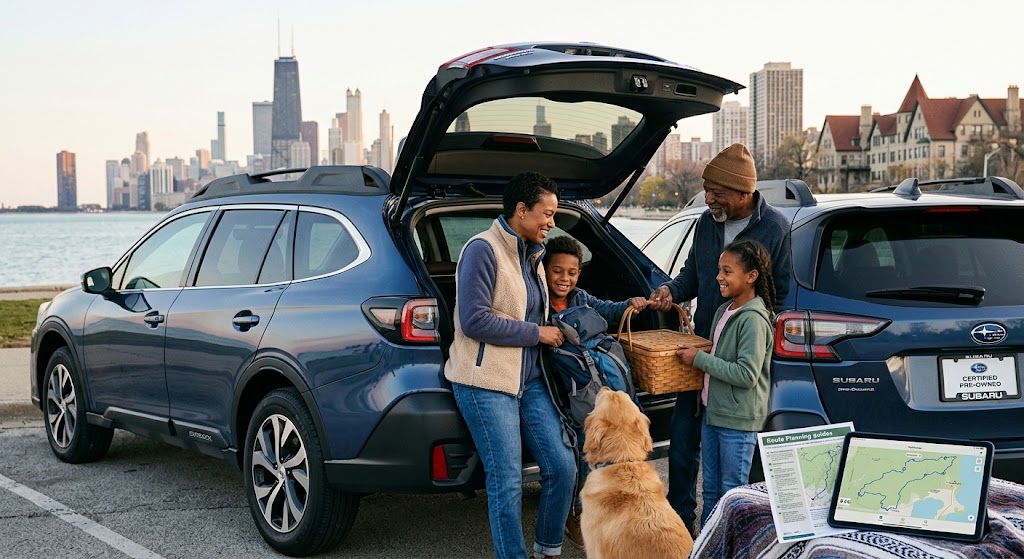 Family with dog loading gear into a Subaru for a weekend trip