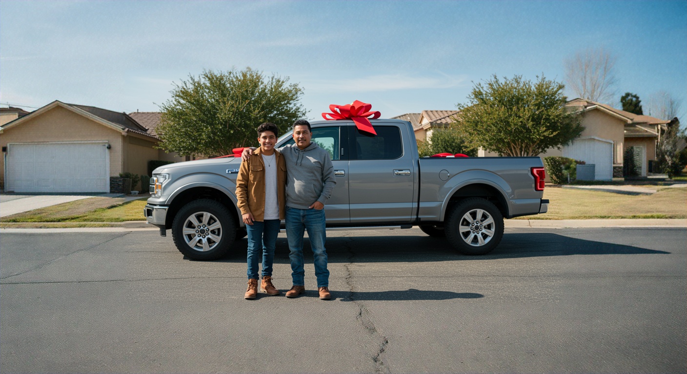 A man and a teenage boy stand side by side, smiling with arms around each other's shoulders, in front of a silver crew-cab pickup truck decorated with a large red gift bow on its roof. They're on a residential street with single-story homes and trees under a clear blue sky.
