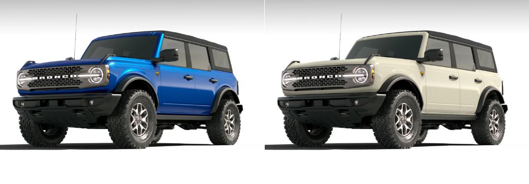 Velocity Blue Metallic and Desert Sand 2025 Ford Bronco Models on White Background