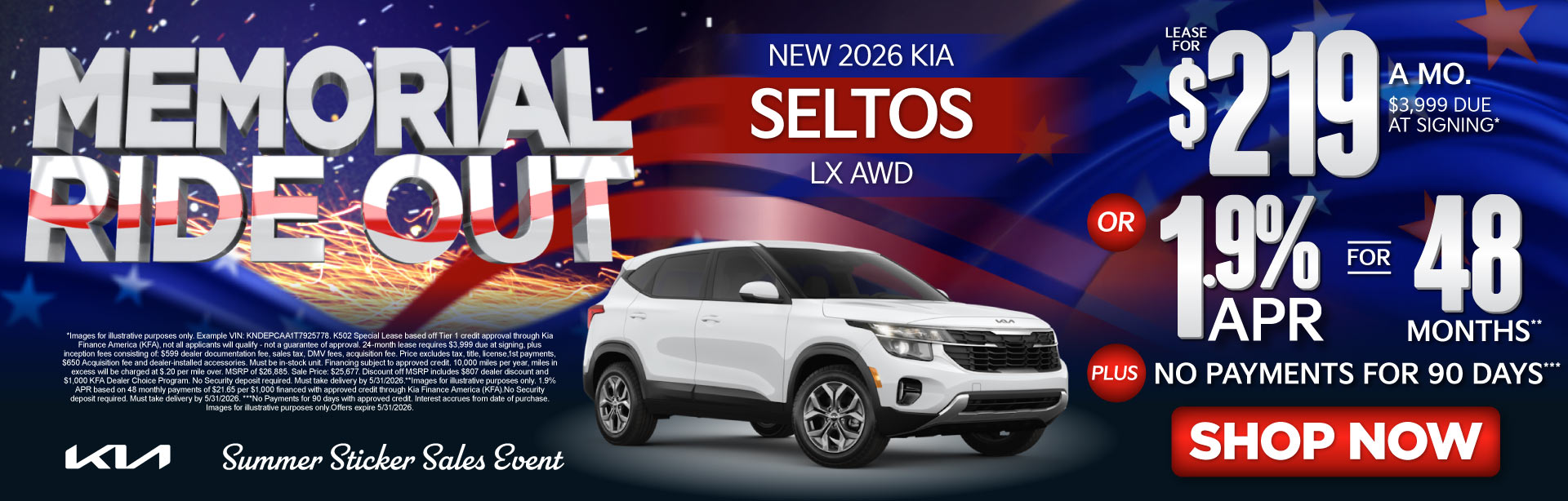 NEW 2026 Kia Seltos LX AWD	"LEASE FOR $219/MO with $3,999 due at signing* OR 1.9% APR for 48 months** PLUS, NO PAYMENTS FOR 90 DAYS***"