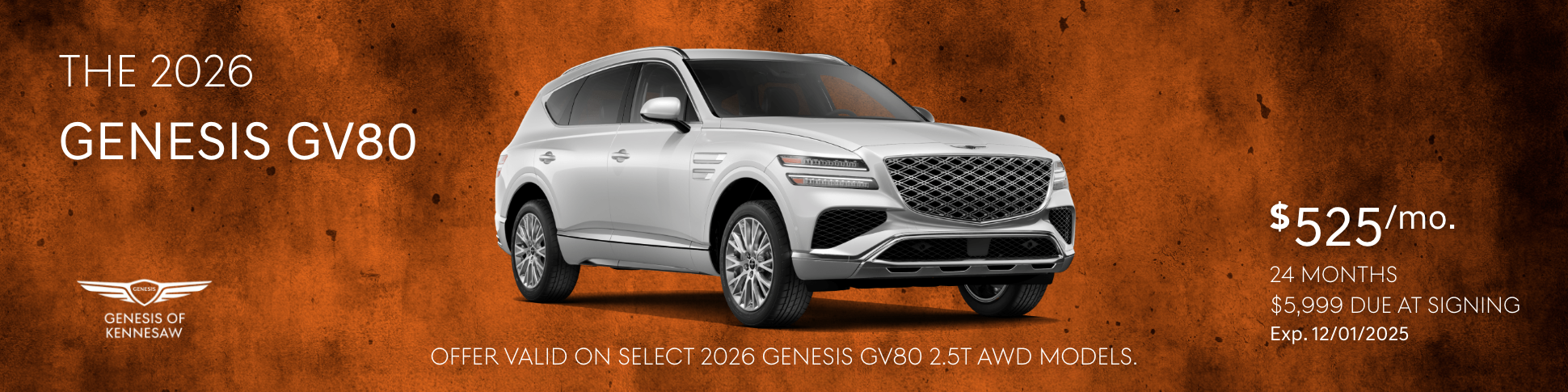 Genesis GV80 Banner. Limited Availability. Preproduction model with optional features shown.