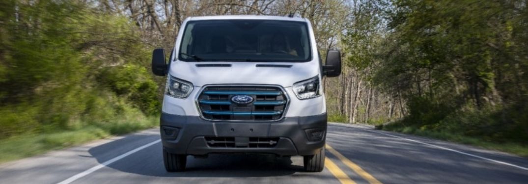 White 2025 Ford E-Transit Front on Country Road