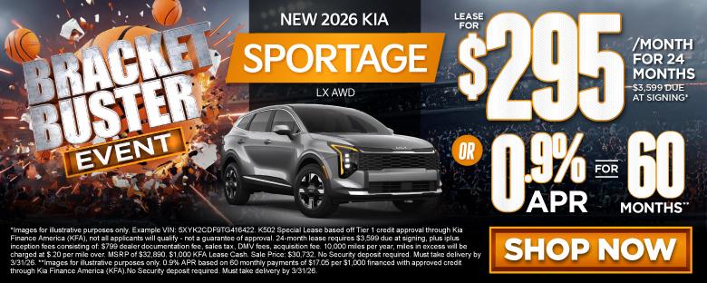 2026 Kia Sportage LX AWD	"Lease for $295/mo for 24 months $3,599 due at signing* OR 0.9% APR for 60 months**"