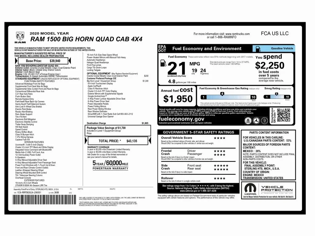 Used 2020 RAM Ram 1500 Pickup Big Horn/Lone Star with VIN 1C6RRFBG5LN290051 for sale in Trooper, PA