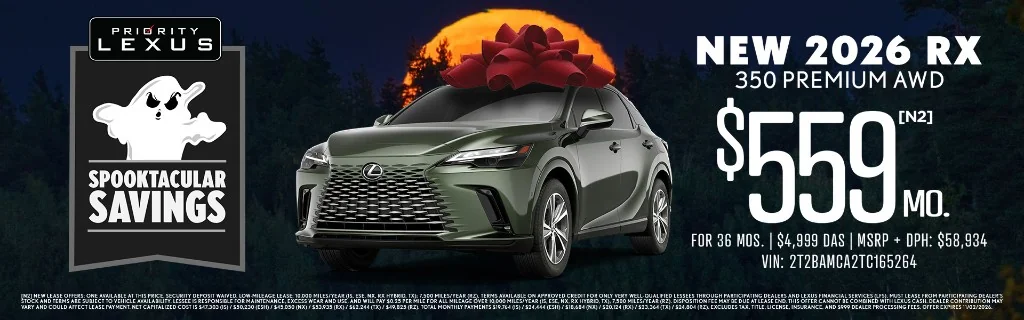Priority Lexus Newport News Spooktacular Savings banner: dark green 2026 RX 350 Premium AWD with red bow under orange moon, $559/mo for 36 months lease.